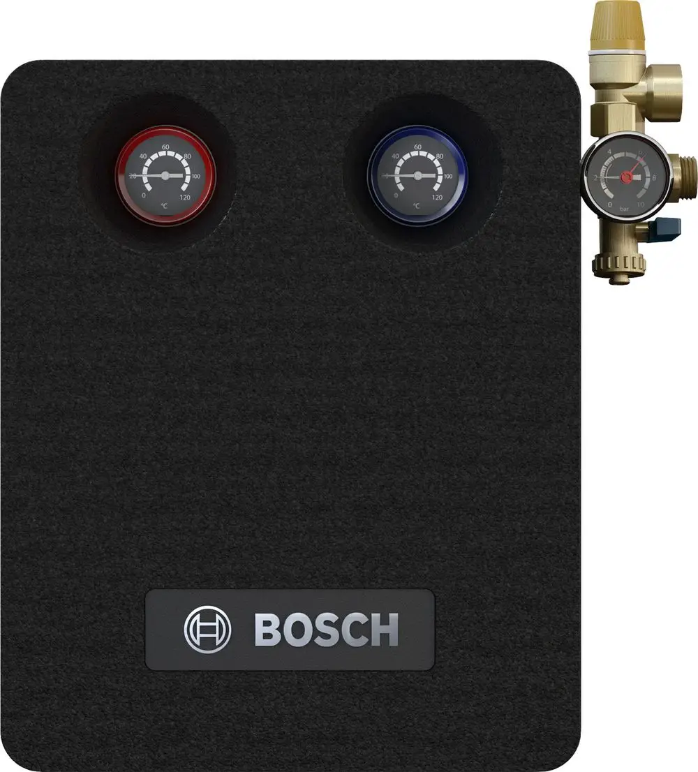 Solarstation von Bosch mit zwei Temperaturanzeigen (rot und blau) sowie einem Druckmanometer und Ventil, montiert auf einer schwarzen Rückwand.